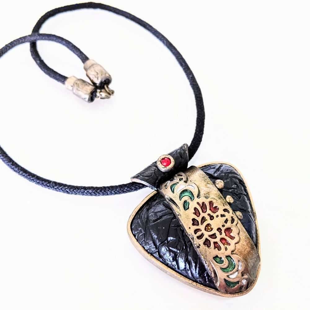 Handmade black necklace pendant with flowers